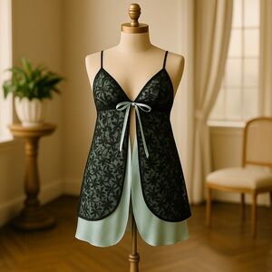 Seducción by Lovable Medium Lace Babydoll Nightgown Black Floral Overlay